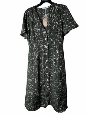 Olive Green Polka Dot Button Front Tea Dress Size Large